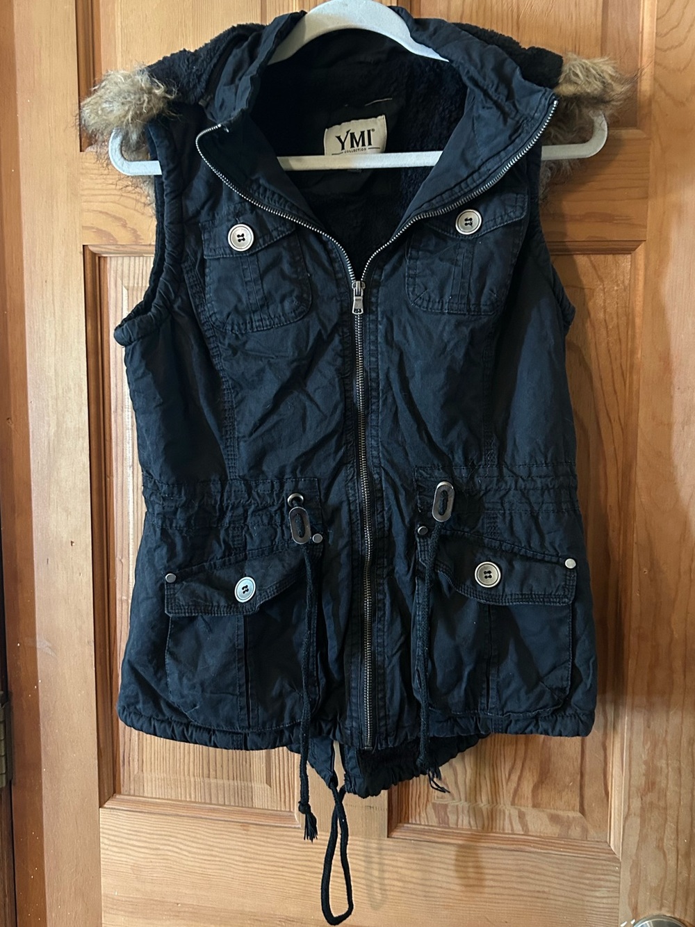 YMI Black Hooded Utility Vest with Faux Fur Trim